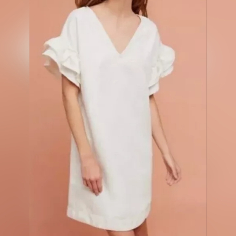 Anthropology Maeve Ruffle Sleeve Shift Dress W/Pockets Lined Blend V-Neck•XS 🤍